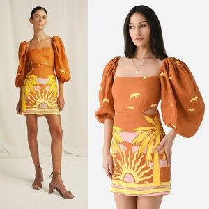 NWT Tuckernuck Cala De La Cruz Palm Tree Sunrise Guapi Tie Back Mini Dress